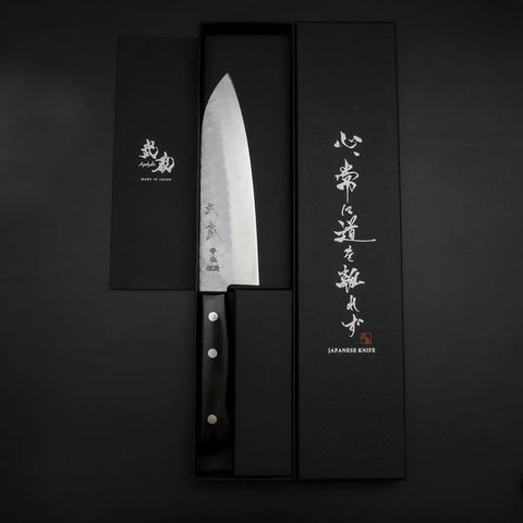 Santoku Blue Steel #2 Edelstahlummantelung Tsuchime Schwarzer Westlicher Griff 165mm-[Musashi]-[Japan-Küchenmesser]