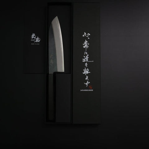 Santoku Blue Steel #2 Kurouchi Büffelhorn und Ebenholz Griff 165mm-[Musashi]-[Japan-Küchenmesser]