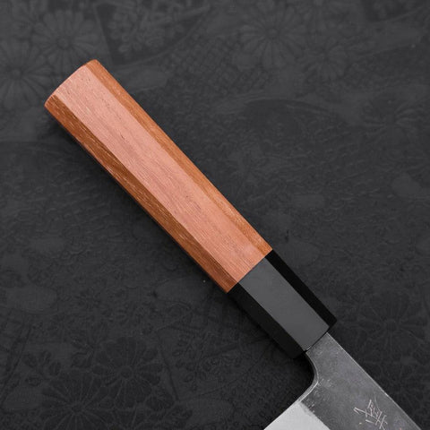 Santoku Blue Steel #2 Kurouchi Büffelhorn und Teakholz Griff 165mm-[Musashi]-[Japan-Küchenmesser]
