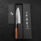 Santoku Blue Steel #2 Kurouchi Büffelhorn und Teakholz Griff 165mm-[Musashi]-[Japan-Küchenmesser]