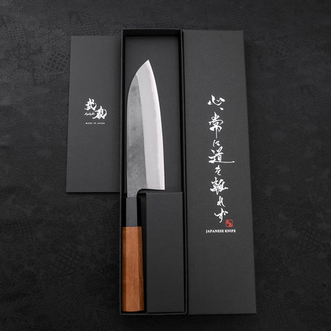 Santoku Blue Steel #2 Kurouchi Büffelhorn und Teakholz Griff 165mm-[Musashi]-[Japan-Küchenmesser]