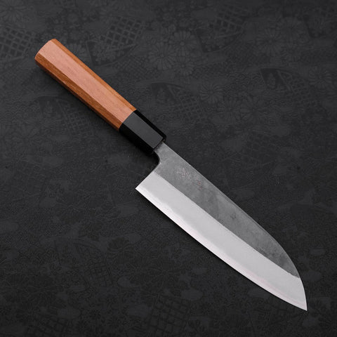 Santoku Blue Steel #2 Kurouchi Büffelhorn und Teakholz Griff 165mm-[Musashi]-[Japan-Küchenmesser]