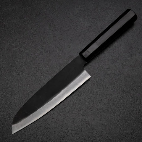 Santoku Blue Steel #2 Kurouchi Chokin Adler und Kiefer Büffelhorn und Ebenholz Griff 165mm-[Musashi]-[Japan-Küchenmesser]