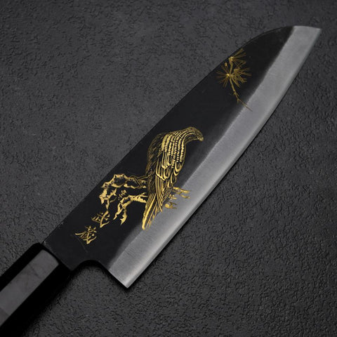 Santoku Blue Steel #2 Kurouchi Chokin Adler und Kiefer Büffelhorn und Ebenholz Griff 165mm-[Musashi]-[Japan-Küchenmesser]