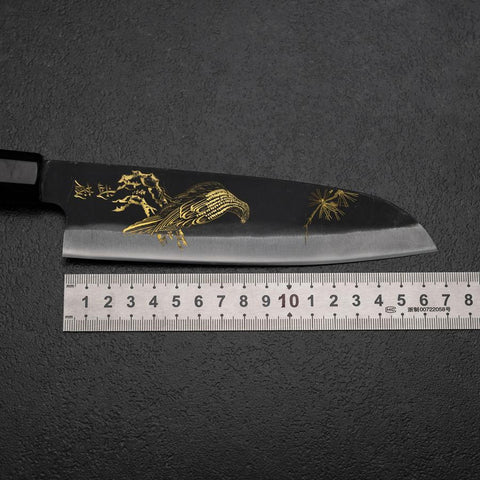 Santoku Blue Steel #2 Kurouchi Chokin Adler und Kiefer Büffelhorn und Ebenholz Griff 165mm-[Musashi]-[Japan-Küchenmesser]