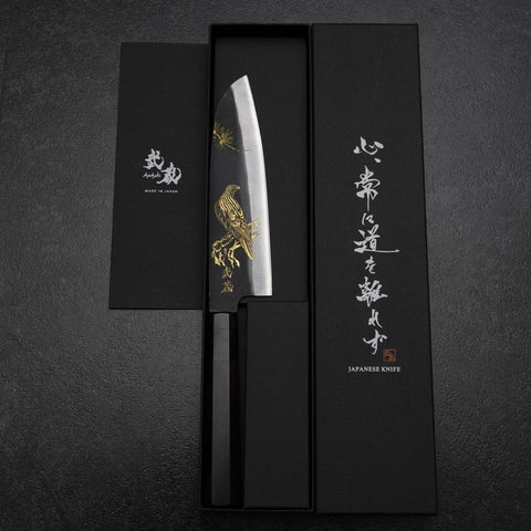 Santoku Blue Steel #2 Kurouchi Chokin Adler und Kiefer Büffelhorn und Ebenholz Griff 165mm-[Musashi]-[Japan-Küchenmesser]