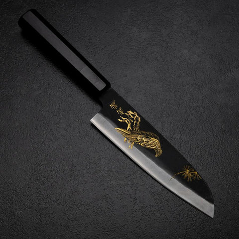 Santoku Blue Steel #2 Kurouchi Chokin Adler und Kiefer Büffelhorn und Ebenholz Griff 165mm-[Musashi]-[Japan-Küchenmesser]
