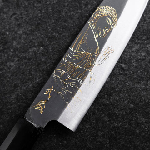 Santoku Blue Steel #2 Kurouchi Chokin Buddha Büffelhorn und Ebenholz Griff 165mm-[Musashi]-[Japan-Küchenmesser]