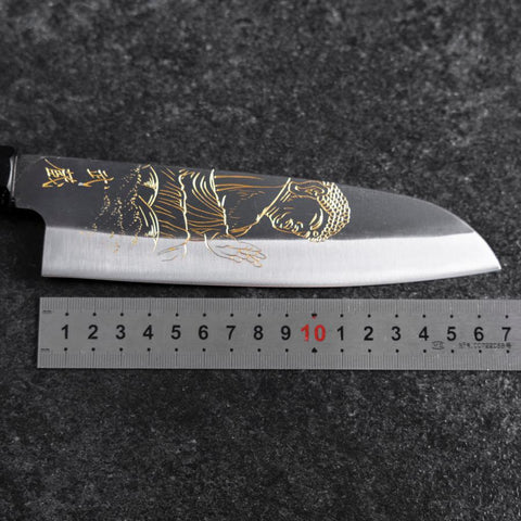 Santoku Blue Steel #2 Kurouchi Chokin Buddha Büffelhorn und Ebenholz Griff 165mm-[Musashi]-[Japan-Küchenmesser]