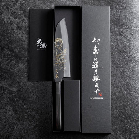 Santoku Blue Steel #2 Kurouchi Chokin Buddha Büffelhorn und Ebenholz Griff 165mm-[Musashi]-[Japan-Küchenmesser]