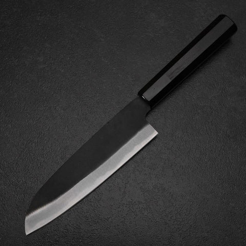 Santoku Blue Steel #2 Kurouchi Chokin Cheetah Buffalo Ebony Handle 165mm (6.5”)-[Musashi]-[Japan-Küchenmesser]