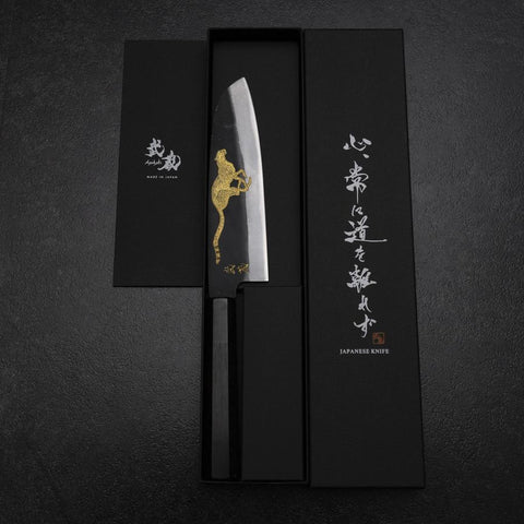 Santoku Blue Steel #2 Kurouchi Chokin Cheetah Buffalo Ebony Handle 165mm (6.5”)-[Musashi]-[Japan-Küchenmesser]
