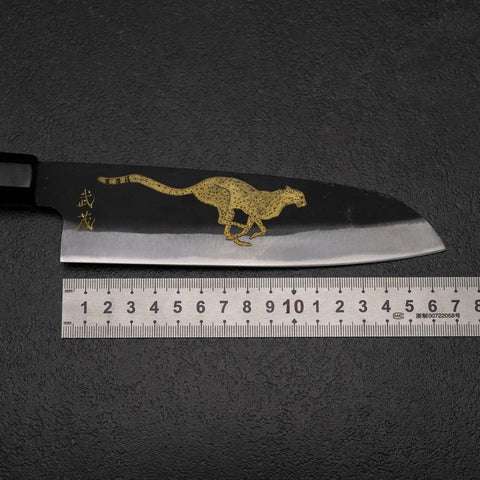Santoku Blue Steel #2 Kurouchi Chokin Cheetah Buffalo Ebony Handle 165mm (6.5”)-[Musashi]-[Japan-Küchenmesser]