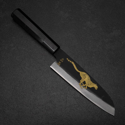 Santoku Blue Steel #2 Kurouchi Chokin Cheetah Buffalo Ebony Handle 165mm (6.5”)-[Musashi]-[Japan-Küchenmesser]