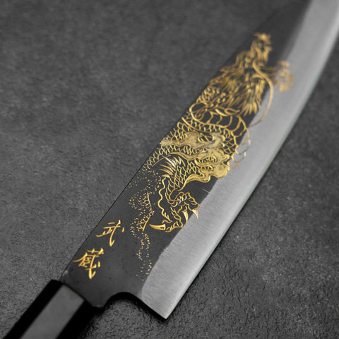 Santoku Blue Steel #2 Kurouchi Chokin Drache Büffelhorn und Ebenholz Griff 165mm-[Musashi]-[Japan-Küchenmesser]
