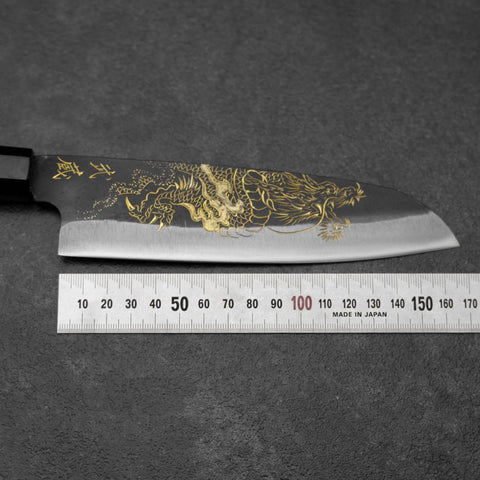 Santoku Blue Steel #2 Kurouchi Chokin Drache Büffelhorn und Ebenholz Griff 165mm-[Musashi]-[Japan-Küchenmesser]