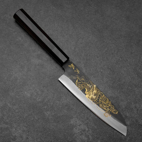Santoku Blue Steel #2 Kurouchi Chokin Drache Büffelhorn und Ebenholz Griff 165mm-[Musashi]-[Japan-Küchenmesser]