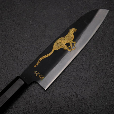 Santoku Blue Steel #2 Kurouchi Chokin Gepard Büffelhorn und Ebenholz Griff 165mm-[Musashi]-[Japan-Küchenmesser]