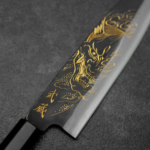 Santoku Blue Steel #2 Kurouchi Chokin Hannya Büffelhorn und Ebenholz Griff 165mm-[Musashi]-[Japan-Küchenmesser]