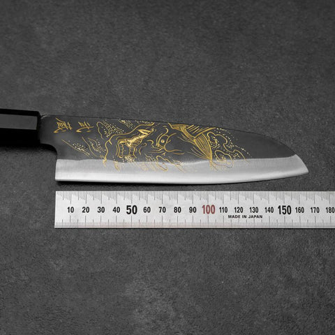 Santoku Blue Steel #2 Kurouchi Chokin Hannya Büffelhorn und Ebenholz Griff 165mm-[Musashi]-[Japan-Küchenmesser]