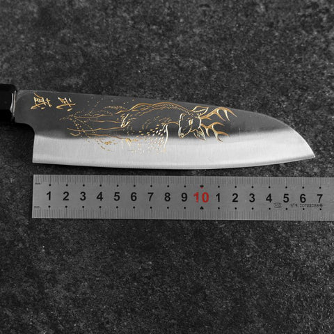 Santoku Blue Steel #2 Kurouchi Chokin Hirsch Büffelhorn und Ebenholz Griff 165mm-[Musashi]-[Japan-Küchenmesser]