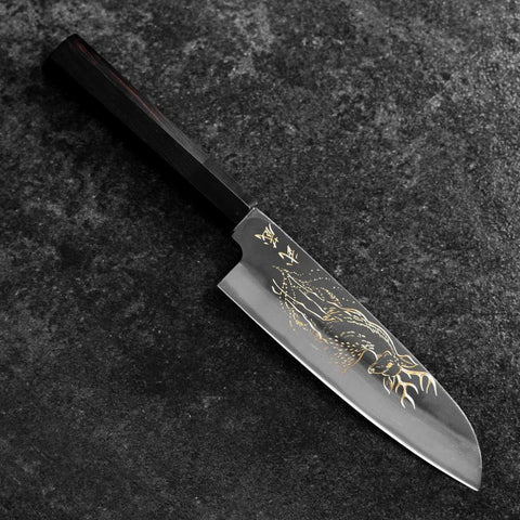 Santoku Blue Steel #2 Kurouchi Chokin Hirsch Büffelhorn und Ebenholz Griff 165mm-[Musashi]-[Japan-Küchenmesser]