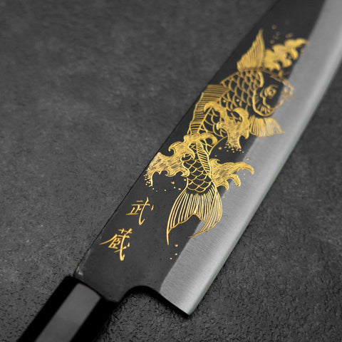Santoku Blue Steel #2 Kurouchi Chokin Koi Büffelhorn und Ebenholz Griff 165mm-[Musashi]-[Japan-Küchenmesser]