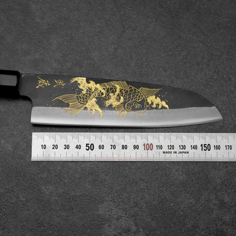 Santoku Blue Steel #2 Kurouchi Chokin Koi Büffelhorn und Ebenholz Griff 165mm-[Musashi]-[Japan-Küchenmesser]
