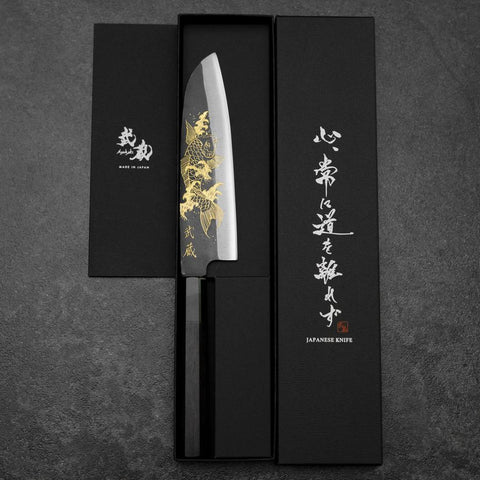 Santoku Blue Steel #2 Kurouchi Chokin Koi Büffelhorn und Ebenholz Griff 165mm-[Musashi]-[Japan-Küchenmesser]