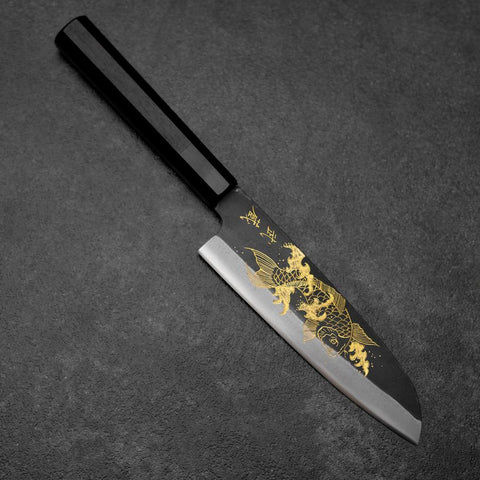 Santoku Blue Steel #2 Kurouchi Chokin Koi Büffelhorn und Ebenholz Griff 165mm-[Musashi]-[Japan-Küchenmesser]