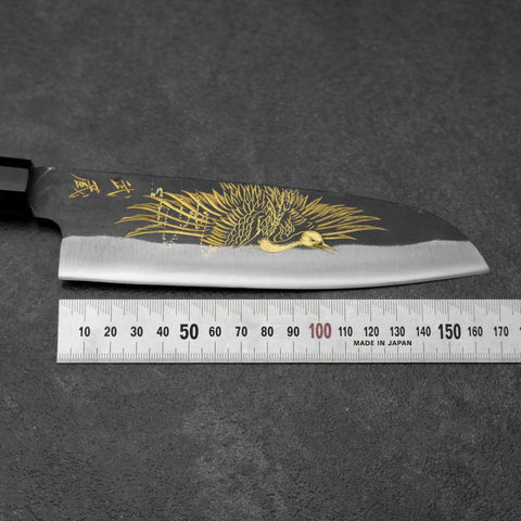 Santoku Blue Steel #2 Kurouchi Chokin Kranich Büffelhorn und Ebenholz Griff 165mm-[Musashi]-[Japan-Küchenmesser]
