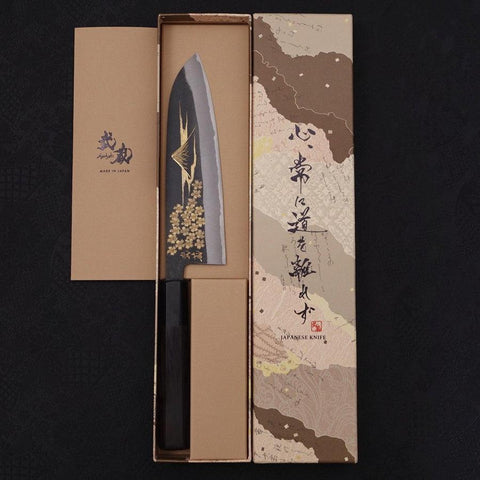 Santoku Blue Steel #2 Kurouchi Chokin "Sakura An Fuji" Büffelhorn und Ebenholz Griff 170mm-[Musashi]-[Japan-Küchenmesser]