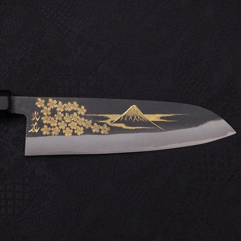 Santoku Blue Steel #2 Kurouchi Chokin "Sakura An Fuji" Büffelhorn und Ebenholz Griff 170mm-[Musashi]-[Japan-Küchenmesser]