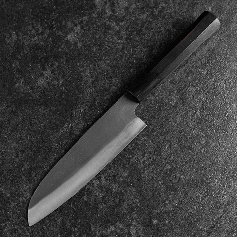 Santoku Blue Steel #2 Kurouchi Chokin Sakura-Fuji Büffelhorn und Ebenholz Griff 165mm-[Musashi]-[Japan-Küchenmesser]