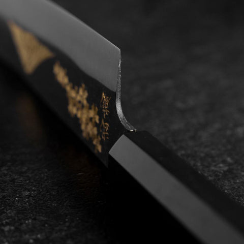 Santoku Blue Steel #2 Kurouchi Chokin Sakura-Fuji Büffelhorn und Ebenholz Griff 165mm-[Musashi]-[Japan-Küchenmesser]
