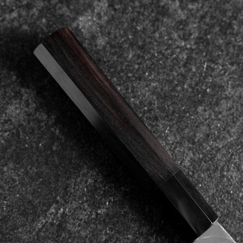 Santoku Blue Steel #2 Kurouchi Chokin Sakura-Fuji Büffelhorn und Ebenholz Griff 165mm-[Musashi]-[Japan-Küchenmesser]