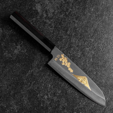 Santoku Blue Steel #2 Kurouchi Chokin Sakura-Fuji Büffelhorn und Ebenholz Griff 165mm-[Musashi]-[Japan-Küchenmesser]