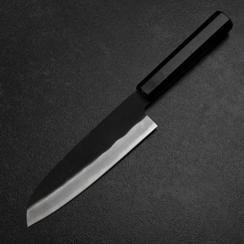 Santoku Blue Steel #2 Kurouchi Chokin Sakura Pagode Büffelhorn und Ebenholz Griff 165mm-[Musashi]-[Japan-Küchenmesser]