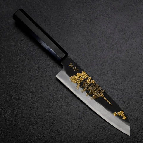 Santoku Blue Steel #2 Kurouchi Chokin Sakura Pagode Büffelhorn und Ebenholz Griff 165mm-[Musashi]-[Japan-Küchenmesser]