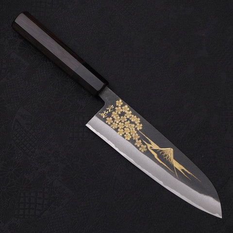 Santoku Blue Steel #2, Kurouchi Chokin "Sakura an Fuji" Büffelhorn und Ebenholz Griff, 170mm-[Musashi]-[Japan-Küchenmesser]