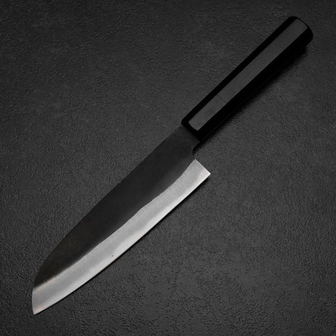 Santoku Blue Steel #2 Kurouchi Chokin Samurai im Neumond Büffelhorn und Ebenholz Griff 165mm-[Musashi]-[Japan-Küchenmesser]