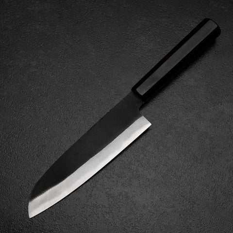 Santoku Blue Steel #2 Kurouchi Chokin Samurai im Vollmond Büffelhorn und Ebenholz Griff 165mm-[Musashi]-[Japan-Küchenmesser]