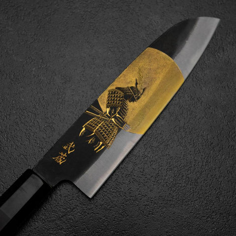 Santoku Blue Steel #2 Kurouchi Chokin Samurai im Vollmond Büffelhorn und Ebenholz Griff 165mm-[Musashi]-[Japan-Küchenmesser]