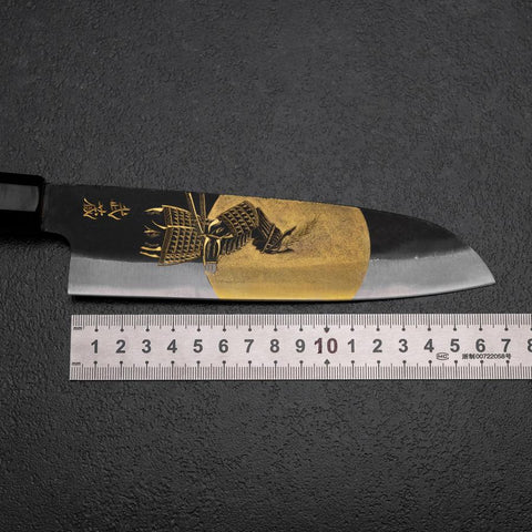 Santoku Blue Steel #2 Kurouchi Chokin Samurai im Vollmond Büffelhorn und Ebenholz Griff 165mm-[Musashi]-[Japan-Küchenmesser]