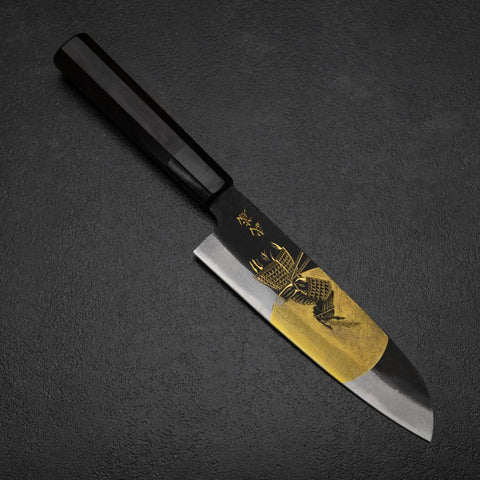 Santoku Blue Steel #2 Kurouchi Chokin Samurai im Vollmond Büffelhorn und Ebenholz Griff 165mm-[Musashi]-[Japan-Küchenmesser]
