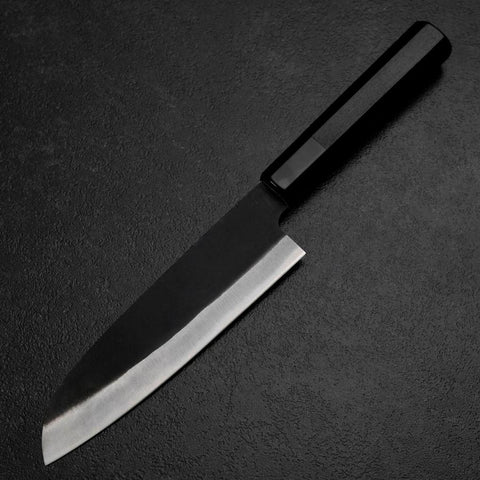 Santoku Blue Steel #2 Kurouchi Chokin Tiger im Bambus Büffelhorn und Ebenholz Griff 165mm-[Musashi]-[Japan-Küchenmesser]