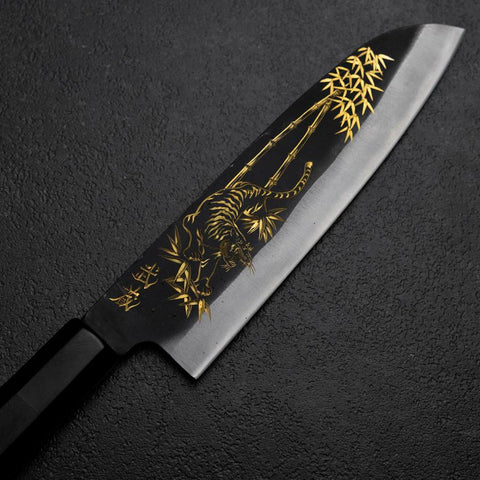 Santoku Blue Steel #2 Kurouchi Chokin Tiger im Bambus Büffelhorn und Ebenholz Griff 165mm-[Musashi]-[Japan-Küchenmesser]