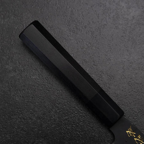 Santoku Blue Steel #2 Kurouchi Chokin Tiger im Bambus Büffelhorn und Ebenholz Griff 165mm-[Musashi]-[Japan-Küchenmesser]