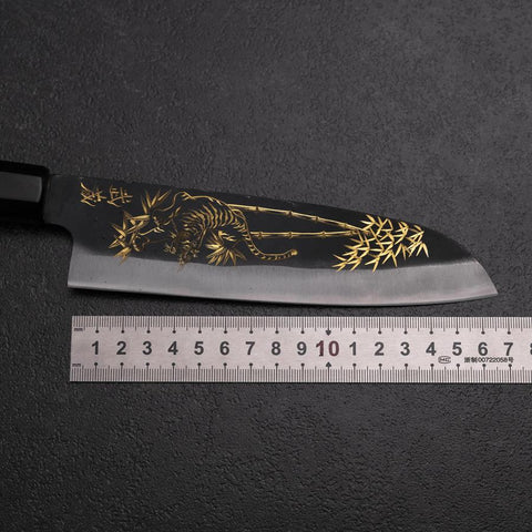 Santoku Blue Steel #2 Kurouchi Chokin Tiger im Bambus Büffelhorn und Ebenholz Griff 165mm-[Musashi]-[Japan-Küchenmesser]