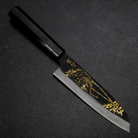 Santoku Blue Steel #2 Kurouchi Chokin Tiger im Bambus Büffelhorn und Ebenholz Griff 165mm-[Musashi]-[Japan-Küchenmesser]